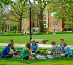 Eckley Quad with Stevenson Hall. Classes meeting outdoors.